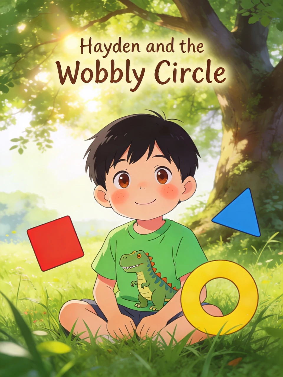 Hayden in a green dinosaur shirt sits with a red square, blue triangle and yellow ring in a sunlit woodland beneath the book title.