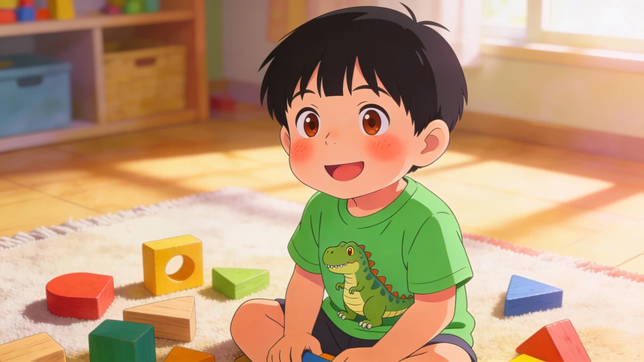 Hayden sits on a rug among colorful wooden shapes in a sunny playroom.