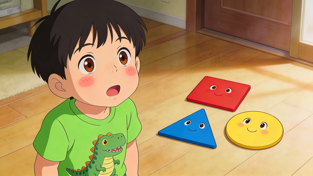 Hayden watches a smiling red square, yellow circle and blue triangle on the floor.