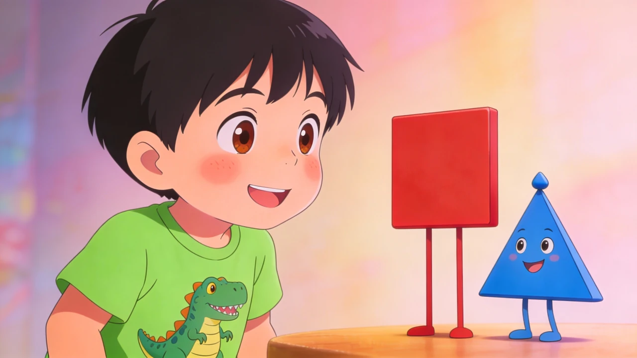 Hayden smiles beside an upright red square and a blue triangle with expressive faces.