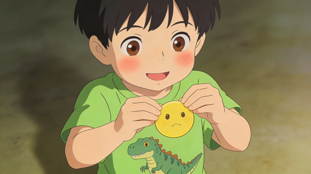 Hayden gently holds a little yellow circle in both hands.