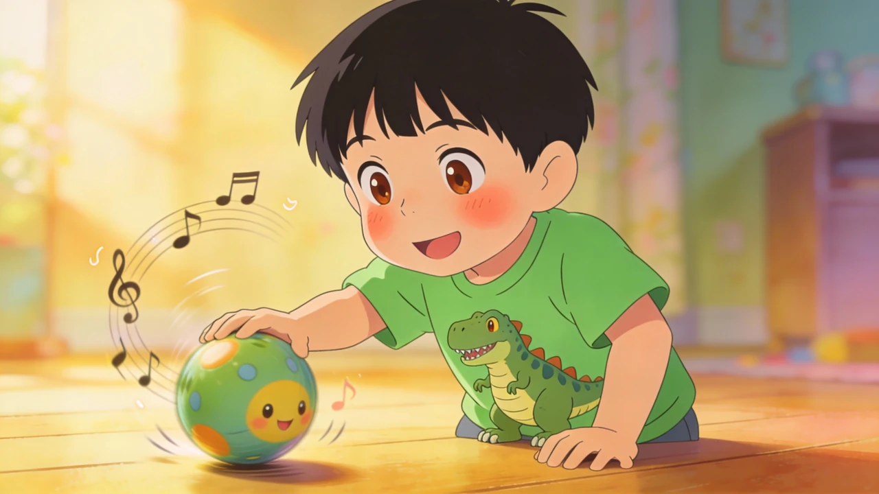 Hayden gives a round shape a push across the floor as musical notes float nearby.