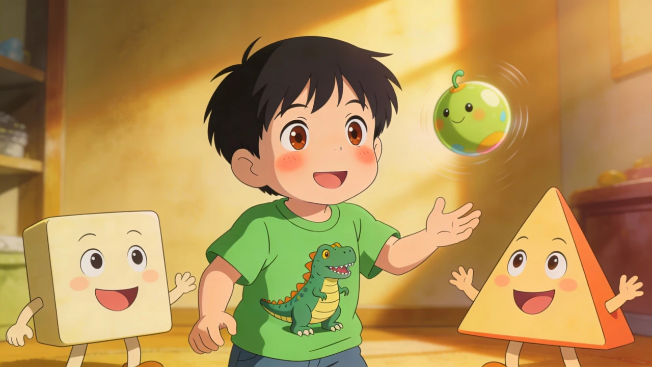 Hayden smiles at colorful shape friends and a round shape bouncing through the air.