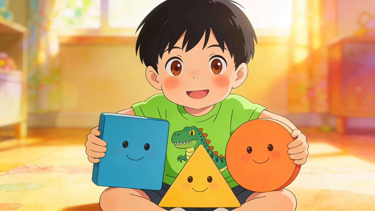 Hayden holds a blue square and an orange circle beside a smiling yellow triangle.