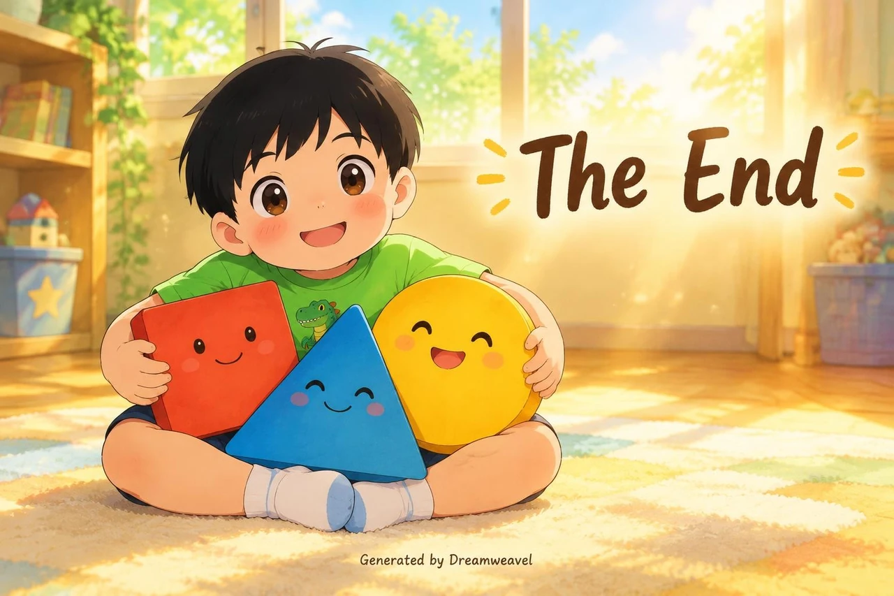 Hayden hugs smiling red, blue and yellow shapes in a sunny room beneath the words The End.