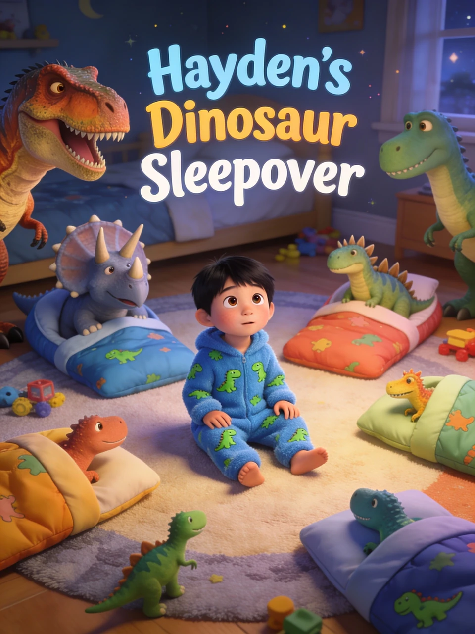 Hayden in blue dinosaur pajamas sits among dinosaur friends and colorful sleeping bags beneath the book title.