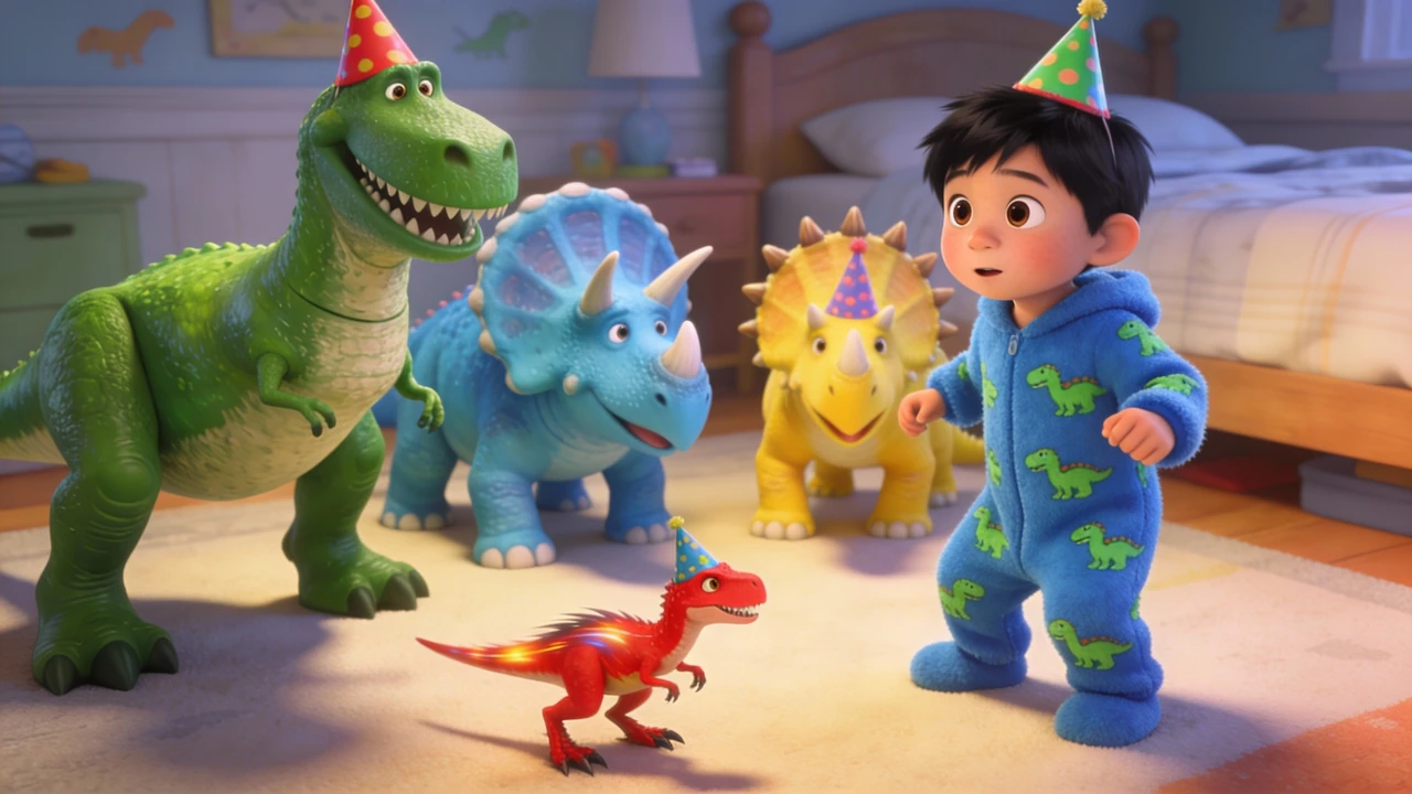 Hayden in blue dinosaur pajamas greets a group of colorful dinosaur friends in his bedroom.