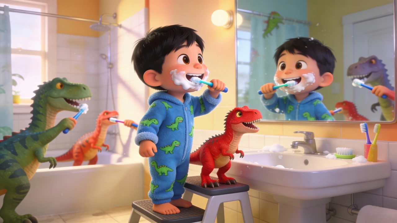 Hayden brushes his teeth beside a bathroom mirror while dinosaur friends gather around the sink.
