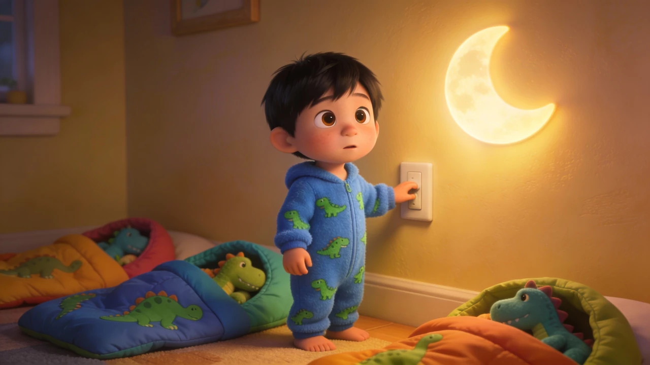 Hayden reaches for a light switch beside a glowing crescent-moon nightlight and sleeping dinosaurs.