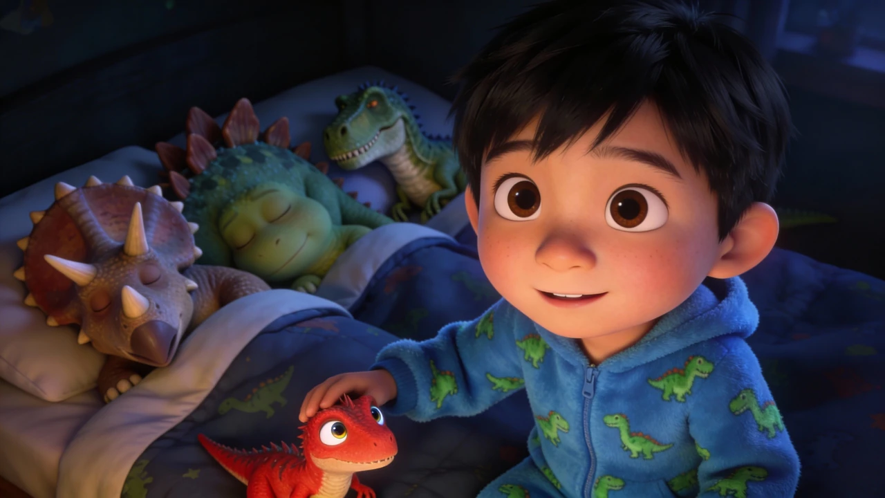 Hayden smiles beside his bed while dinosaur friends sleep in the softly lit room.
