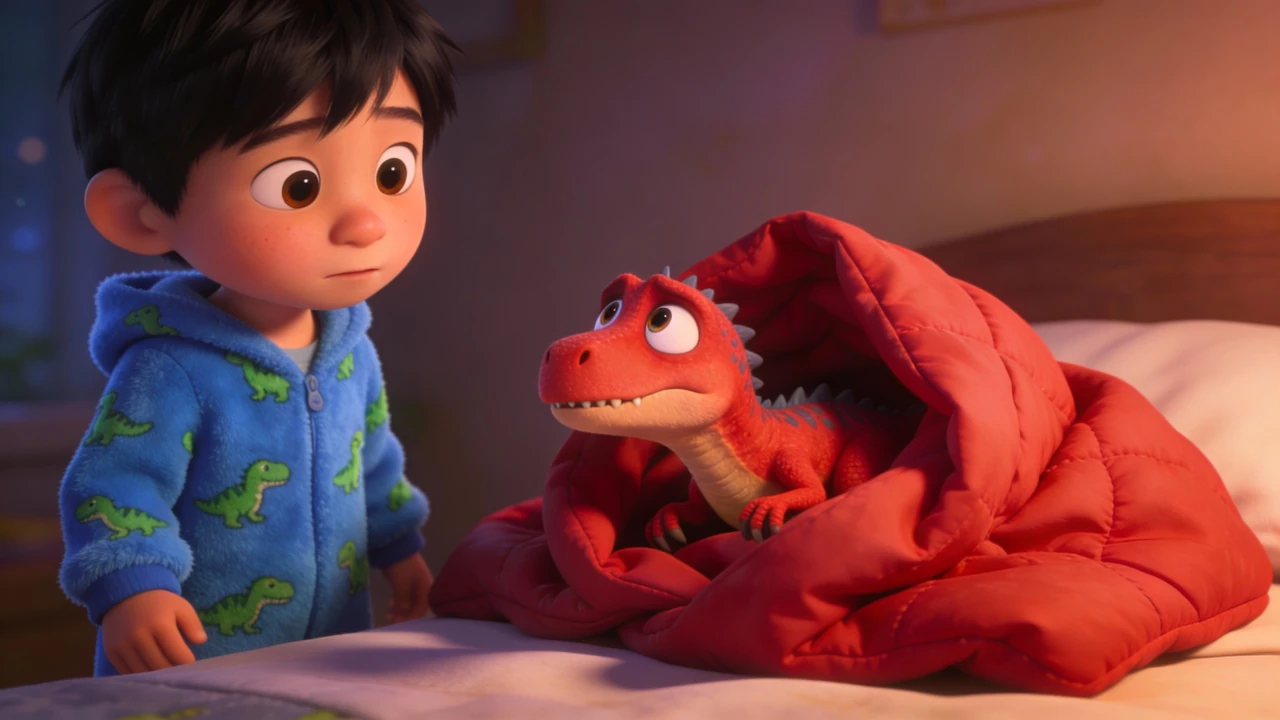 Hayden checks on an awake red raptor nestled in a red sleeping bag.