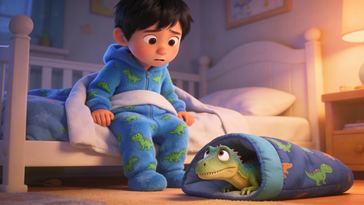 Hayden sits on his bed beside a little green raptor tucked under a blue blanket.