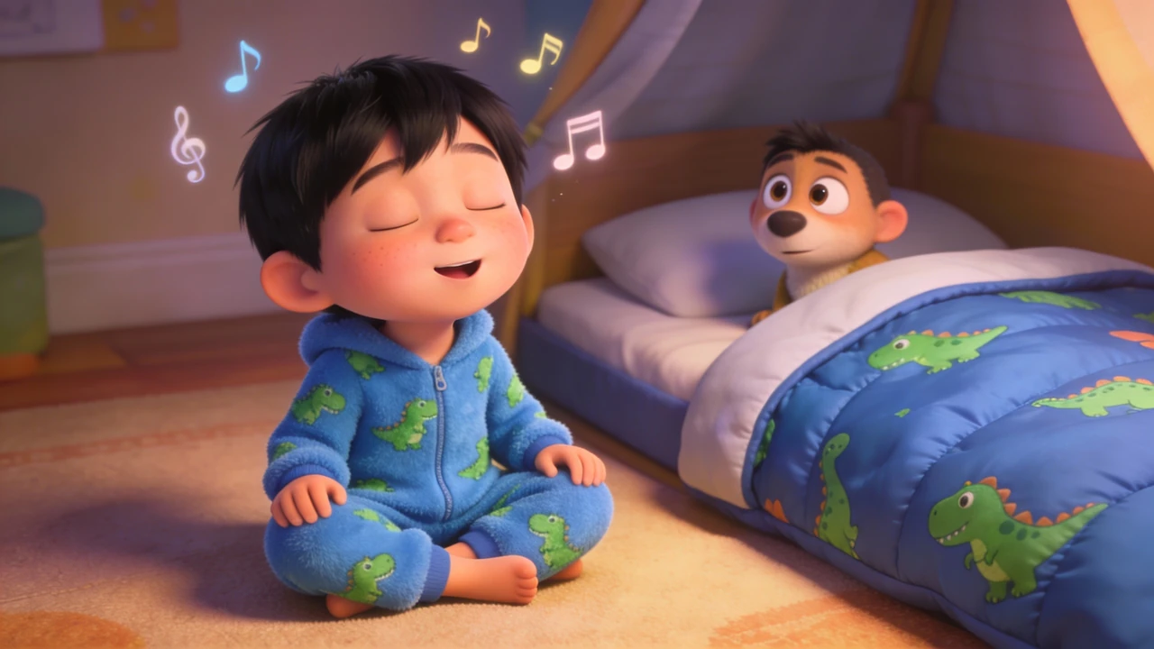 Hayden closes his eyes and hums, with musical notes floating above a resting dinosaur friend.