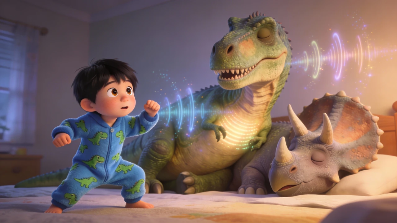 Hayden and a large dinosaur hum together as blue sound waves drift across the bedroom.