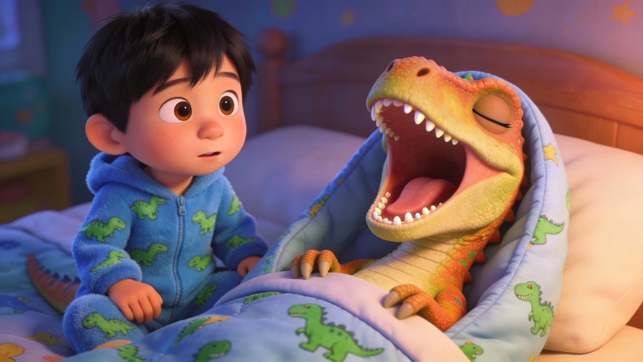 Hayden sits beside a yawning dinosaur in the warm glow of his bedroom.