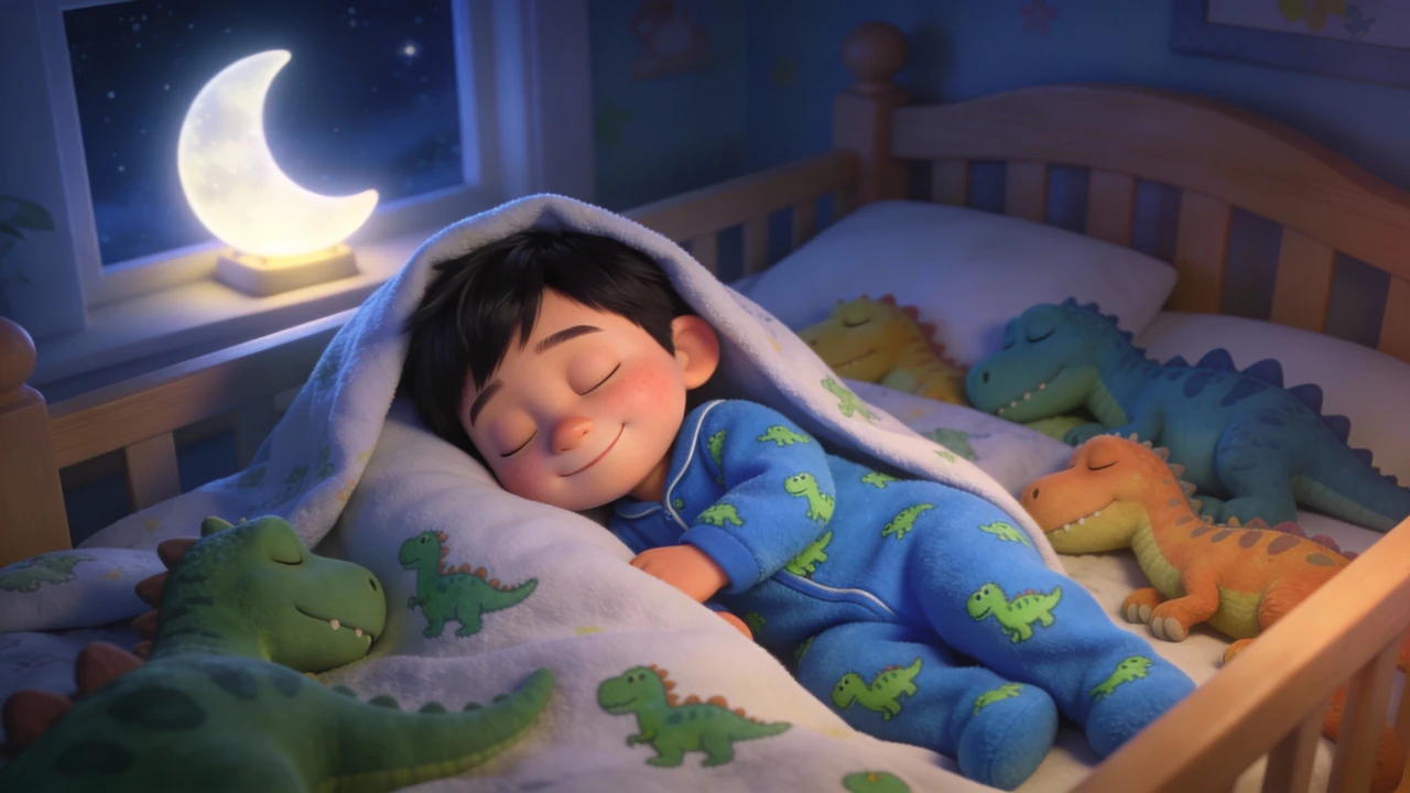 Hayden sleeps beneath a green dinosaur blanket with his dinosaur friends nearby.