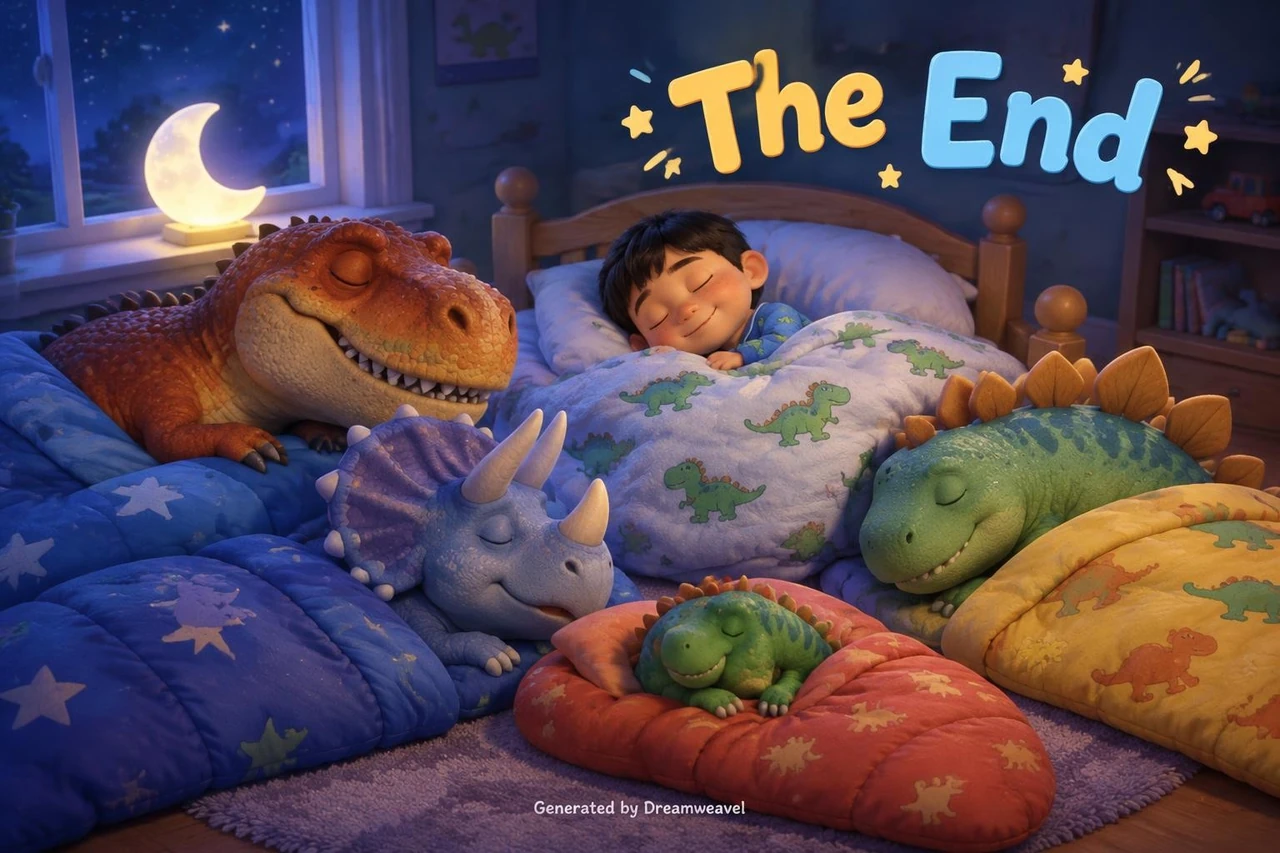 Hayden sleeps in a moonlit bedroom surrounded by sleeping dinosaur friends beneath the words The End.