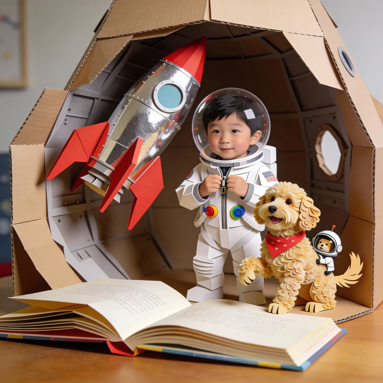 Hayden in a white astronaut suit stands with Albie beside a silver rocket rising from an open pop-up book.
