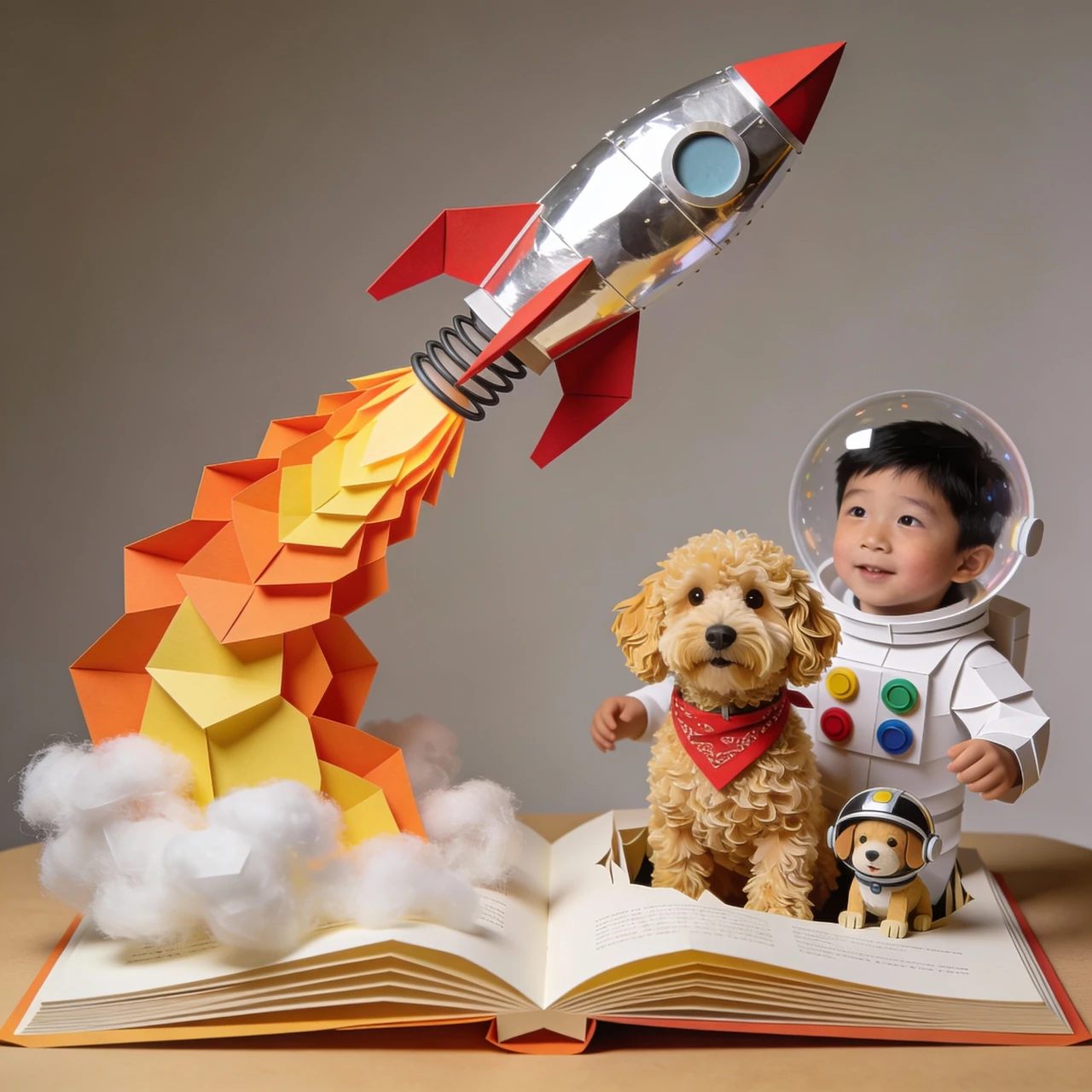 A silver paper rocket lifts off above Hayden and Albie on the pages of an open book.