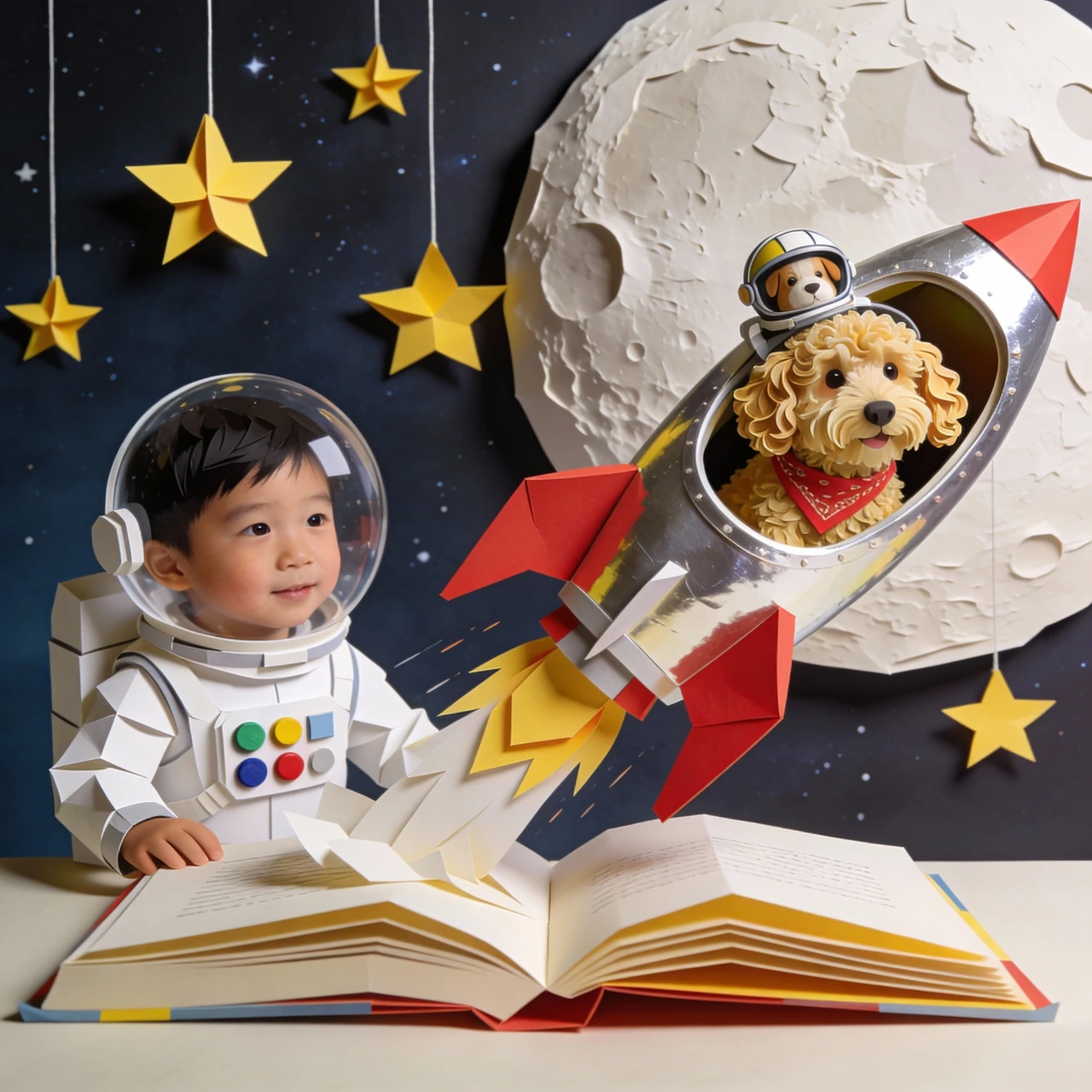 Hayden and Albie float beside a paper moon and hanging golden stars.