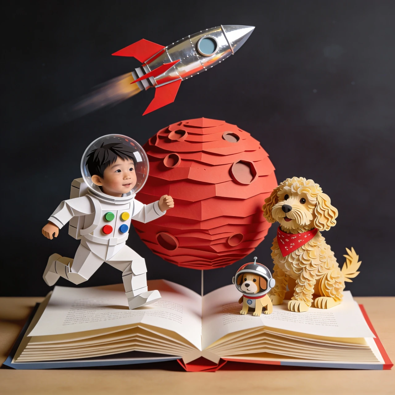 Hayden and Albie stand on an open book beside a red paper planet and a silver rocket.