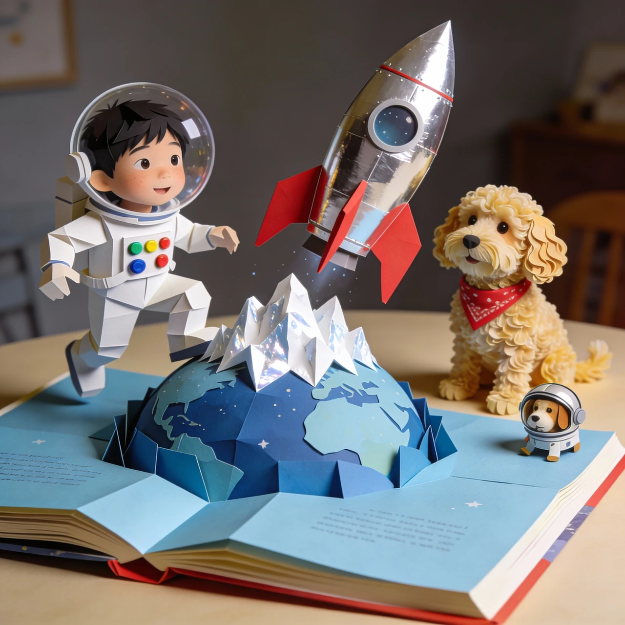 Hayden and Albie explore a blue paper planet with folded mountains and a silver rocket.
