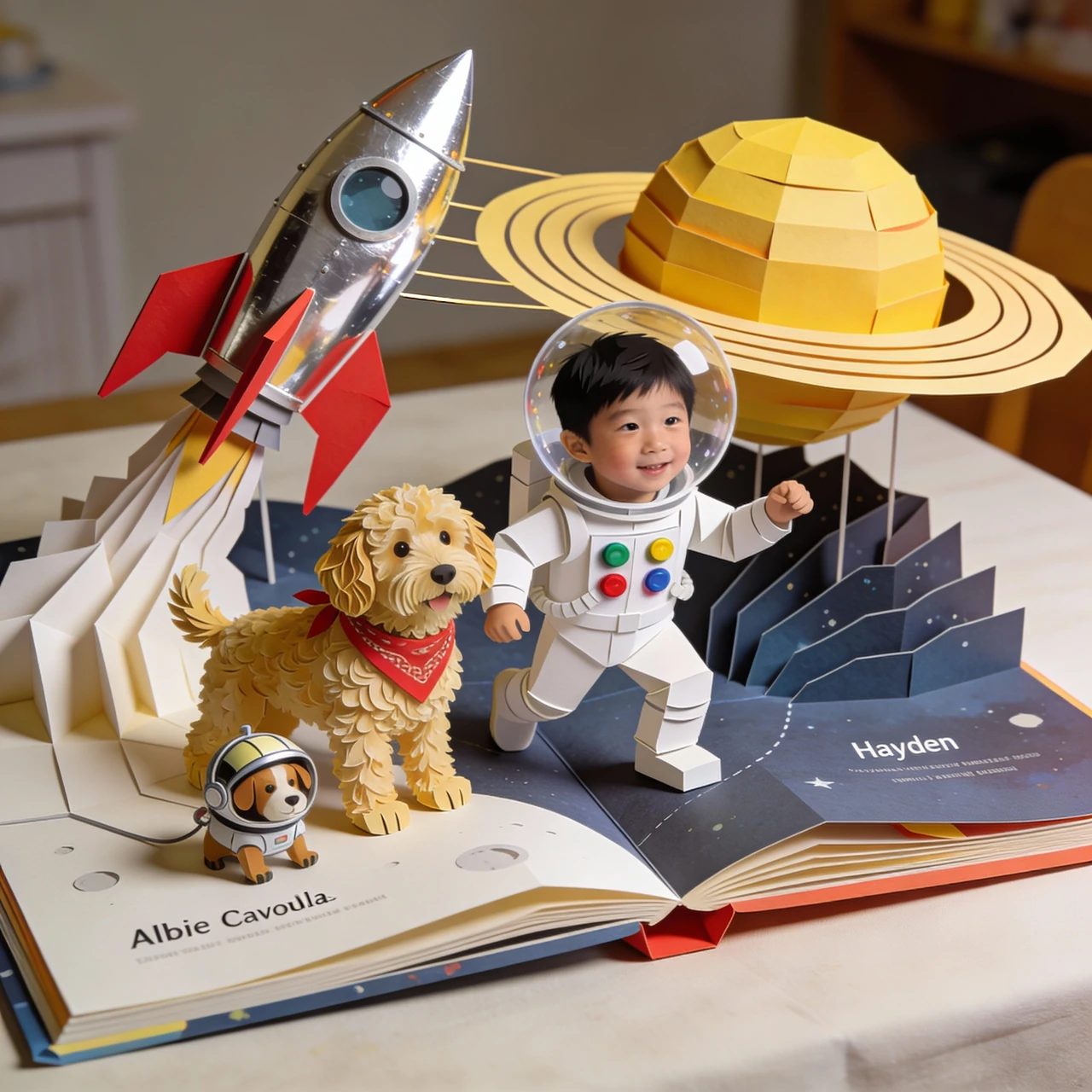 A golden ringed planet rises behind Hayden and Albie in a layered pop-up space scene.