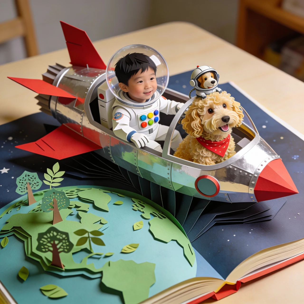 Hayden and Albie ride in a silver rocket above a green paper jungle planet.