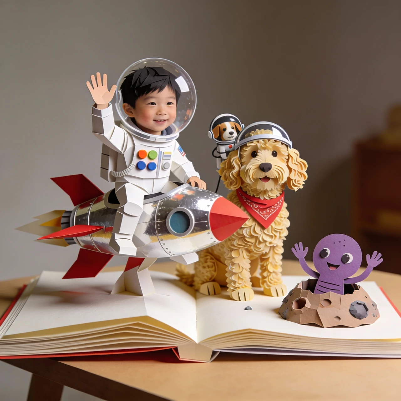 Hayden waves beside Albie and a small purple alien on an open pop-up book.