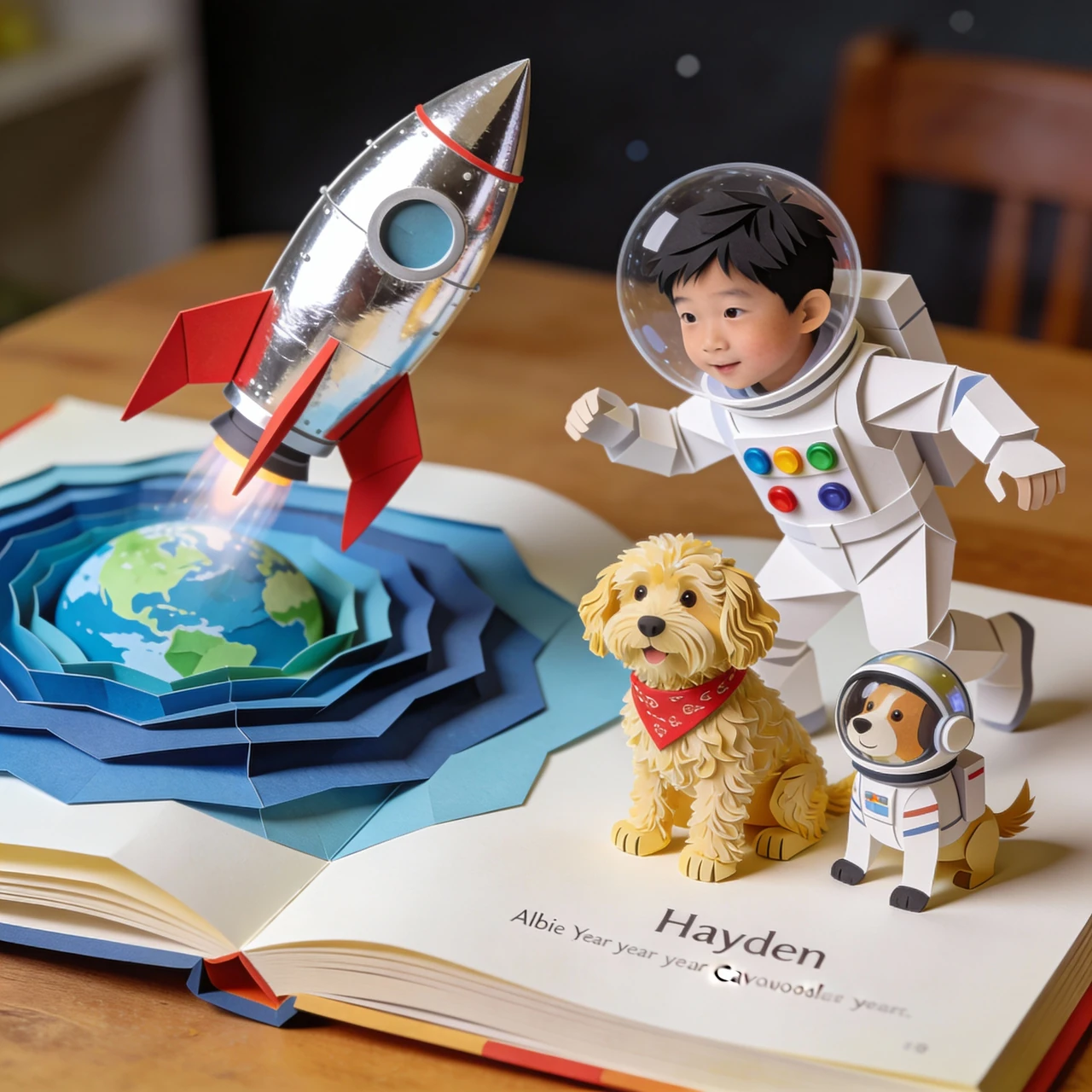 Hayden and Albie return beside a silver rocket and a layered blue-and-green paper Earth.