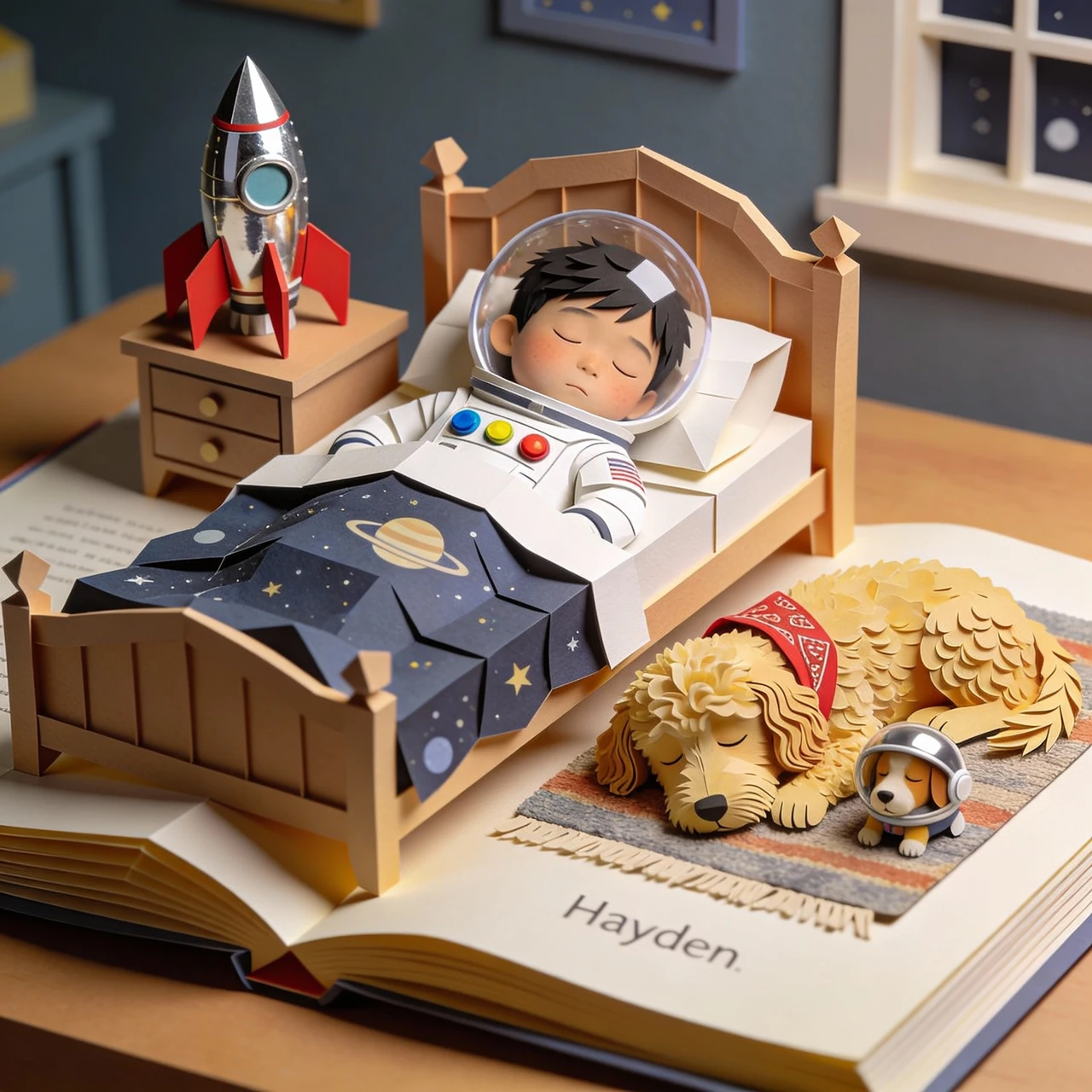 Hayden sleeps in a wooden bed while Albie rests in a basket on an open pop-up book.