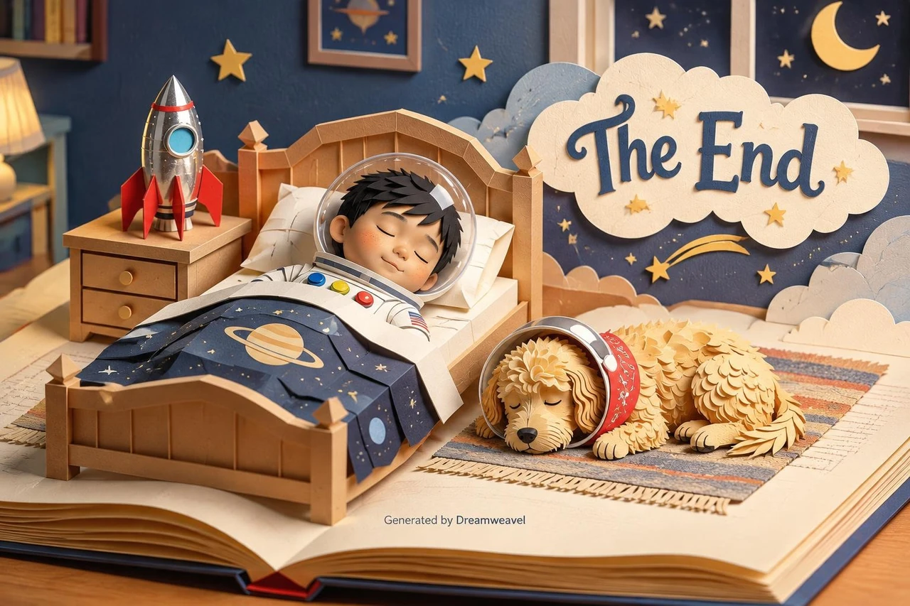 A pop-up bedroom scene shows Hayden asleep in bed and Albie curled in a basket beneath the words The End.